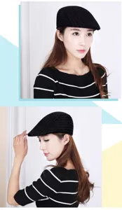 Detailed side and front view of a black striped woolen beret for autumn and winter wear
