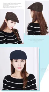 Detailed views of woman wearing warm wool beret and pinstriped flat cap in navy and brown
