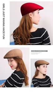 Side view of elegant wool beret hats for women in red and camel colors