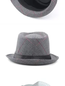 Vista dettagliata di un cappello trilby vintage a quadri grigi per uomo e donna
