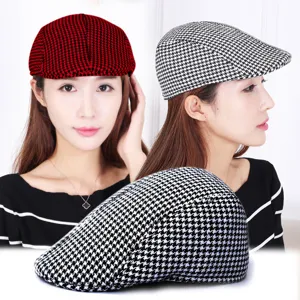 Vintage Houndstooth Beret Hat For Men Women Winter Warm Quilted Flat Cap Casual Outdoor Hunting Newsboy Cap Unisex Duckbill Hat