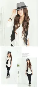 Modella asiatica che indossa un cappello fedora grigio a quadretti in stile vintage