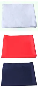 Detailed view of three folded hip-hop bandanas in white, red, and navy blue.