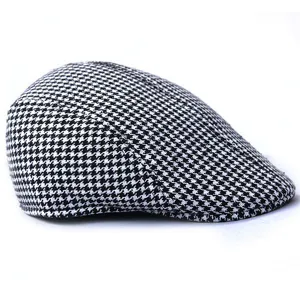 Classic black and white houndstooth pattern flat cap, warm vintage winter beret hat