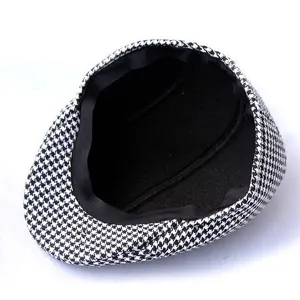 Vintage black and white houndstooth beret cap with thick fleece lining for winter