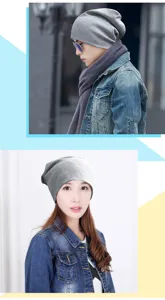 Grey ribbed slouchy beanie hat shown on male and female models in outdoor and indoor settings.