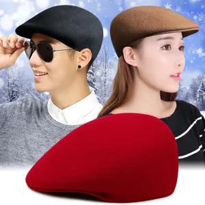 Retro wool flat cap and beret for men and women, warm winter fashion in snowy scene