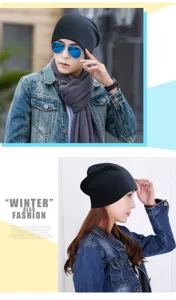Close-up detail of a black slouchy cotton beanie hat shown on male and female models.