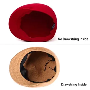 Interior comparison of wool beret hats with and without adjustable drawstrings.