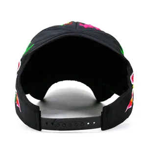 Ethnic style floral embroidery baseball cap with open top design and adjustable back strap