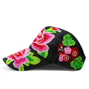 Ethnic style floral embroidered black baseball cap for women with retro sun visor design