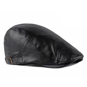 Gorra plana de cuero PU negro para hombre y mujer con hebilla lateral ajustable