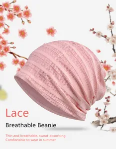 Detailed view of pink breathable mesh beanie with a closed-top design for women.