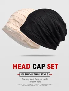 Breathable hollow-out beanie caps in black and beige with fine mesh texture detail.