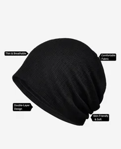 Breathable double-layer cotton beanie hat for women in classic black