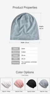 Detailed view of breathable cotton beanie with 29x28cm size and multiple colors.