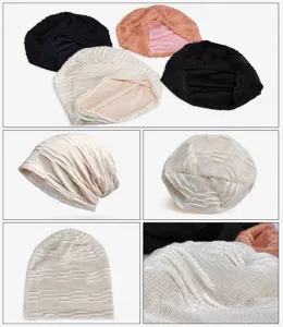 Detailed views showing the breathable hollow texture and various colors of the cotton turban hat