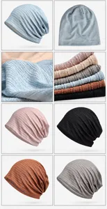 Close-up of knit texture and multiple color options for breathable striped beanies