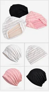 Thin breathable women's beanie hats with silver thread stripes in various colors