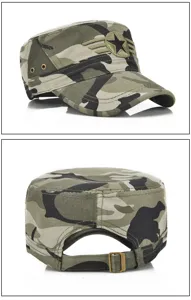 Viste dettagliate di un cappello militare mimetico con ricamo a stella