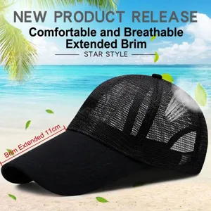 Breathable black mesh baseball cap with an extended 11cm brim for outdoor sun protection