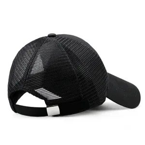 Breathable black mesh trucker hat with long sunshade brim for summer outdoor activities