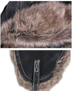 Dettaglio della calda pelliccia sintetica marrone e della pelle sintetica nera del cappello