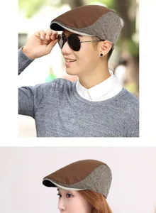 Detail showing a retro British style patchwork beret worn by male and female models