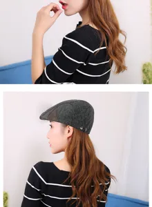 Side view of a British retro beret featuring stylish patchwork felt and button detail.