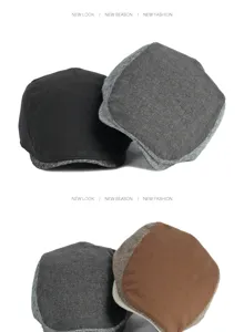 Detail view of British retro spliced berets in various colors for autumn and winter.