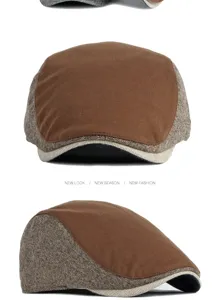 Detailed view of vintage patchwork flat cap with herringbone pattern for autumn winter