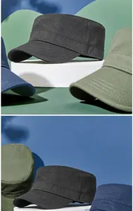 Detail von hochwertigen Baumwoll-Flachkopf-Kadet-Hüten in verschiedenen Farben