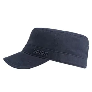 Klassische marineblaue Baumwoll-Flat-Top-Militärkappe mit Spirit-Seitenstickerei