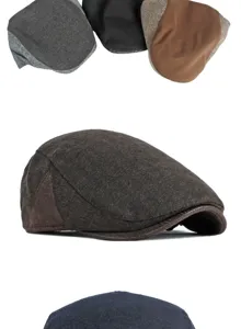 Detailed view of British vintage men's flat caps in various colors with wool patchwork