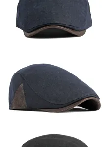 Detailed multi-angle views of a navy blue vintage beret cap with brown faux leather trim