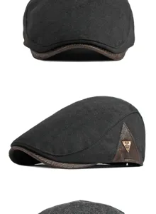 Side view of a textured herringbone flat cap showing the metal logo and leather trim
