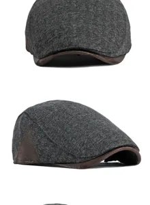 Detailed macro view showing the textured grey herringbone fabric and brown leather brim trim