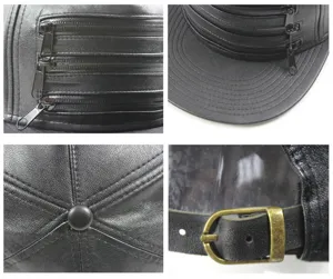 Detailed view of black PU leather hip-hop hat with three decorative zippers and buckle