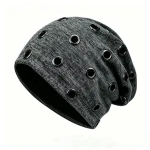 Detail view of grey punk knit beanie featuring multiple black metal grommets