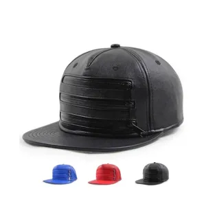 Unisex PU Leather Hip Hop Snapback Hat With Three Zipper Design Fashion Streetwear Flat Brim Baseball Cap For Men Women