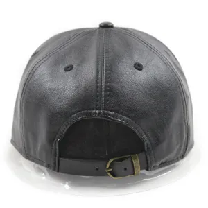Back view of black PU leather hip-hop hat with adjustable metal buckle strap closure