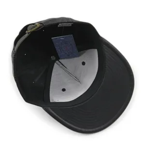 Interior view of black PU leather flat brim hip-hop cap with metal buckle