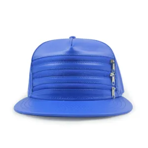 Stylish blue PU leather hip hop flat brim baseball cap with unique triple zipper design