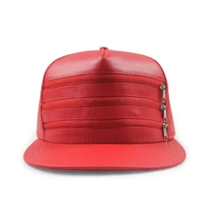 Red PU leather hip hop snapback hat featuring three decorative horizontal zippers on front