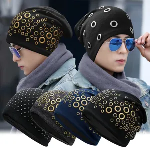 Unisex punk style hip hop beanie featuring metal grommet rings and decorative studs for winter
