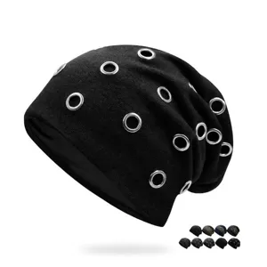 Black punk style hip-hop beanie hat decorated with multiple silver metal eyelet rings