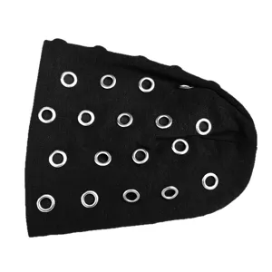 Punk style black beanie hat with silver metal grommets for hip-hop streetwear