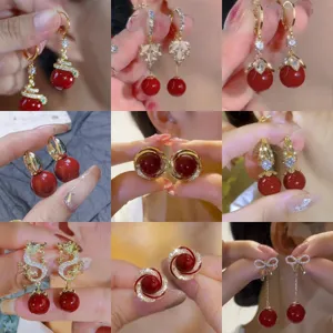 French Vintage Ankara Red Bow Flower Tassel Earrings For Women Light Luxury Rhinestone Artificial Pearl Drop Earrings Party Lady Style Jewelry