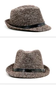 Detailed views of a brown textured wool fedora with a black decorative belt and buckle.