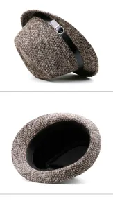 Detailed views of a retro British style plaid wool fedora hat with a leather band
